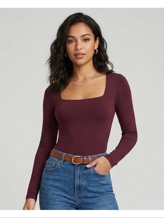 Old Navy Tops - Old Navy Square Neck Long Sleeve Burgundy Bodysuit M